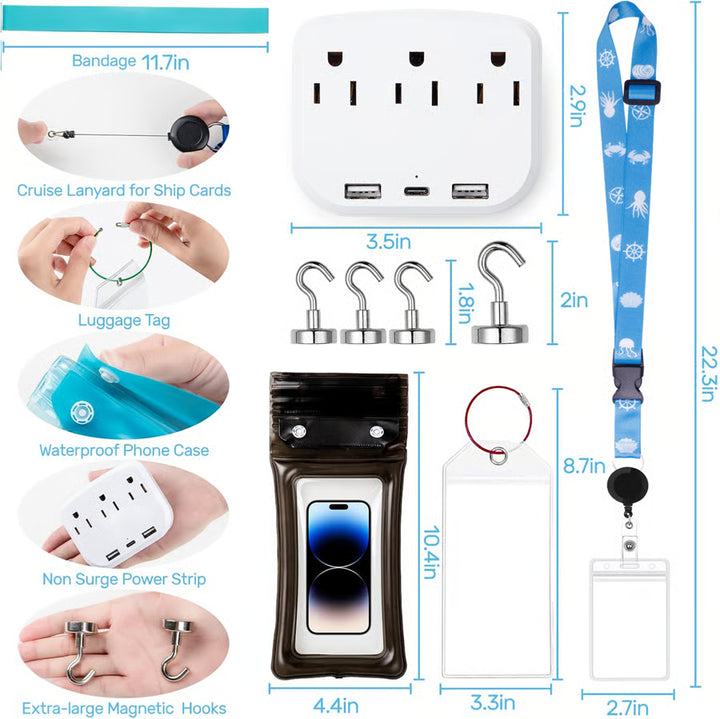 Cruise Essentials 2026- Cruise Must Haves Kit with Non-Surge Protector Power Strip, Lanyard with ID Holder, Magnetic Hooks, Luggage Tag Set, Towel Bands, Waterproof Phone Holder
