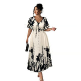 Elegant V Neck Botanical Print Midi Dress