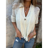 Hollow V Neck Single Button Loose Short Sleeves